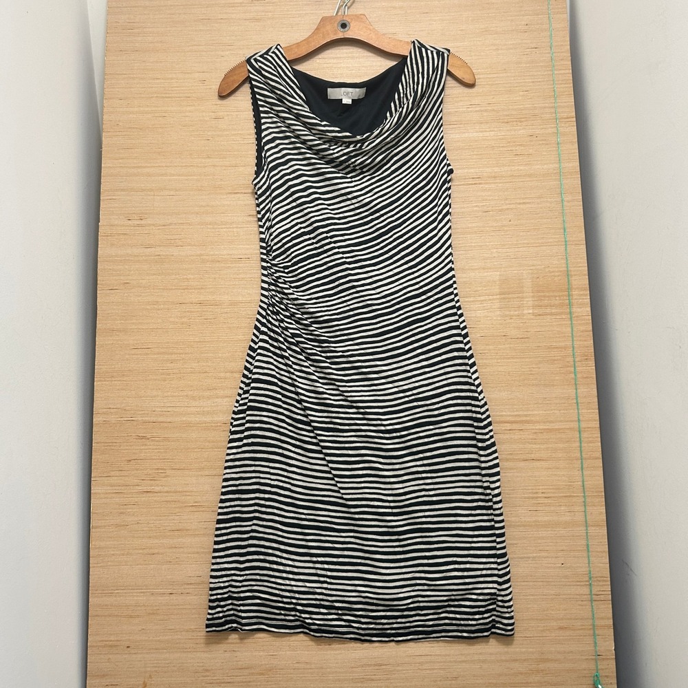 Ann Taylor Loft Black White Striped Cowl Neck Ruched Sleeveless Sheath Dress S